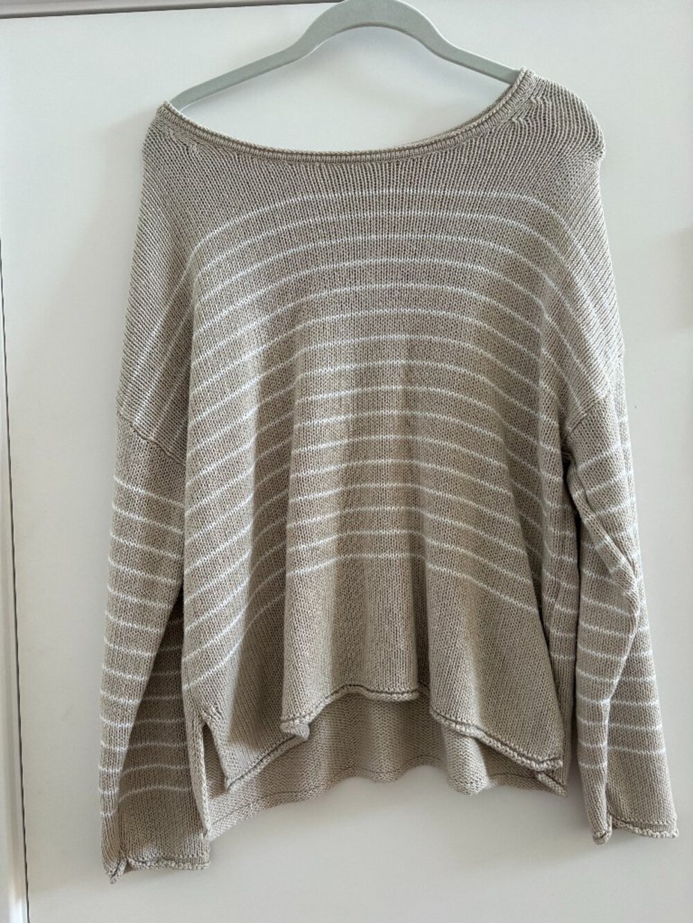 Miracle Striped Boatneck Knit Sweater Tan White Rolled Hem Pullover EUC, S/M